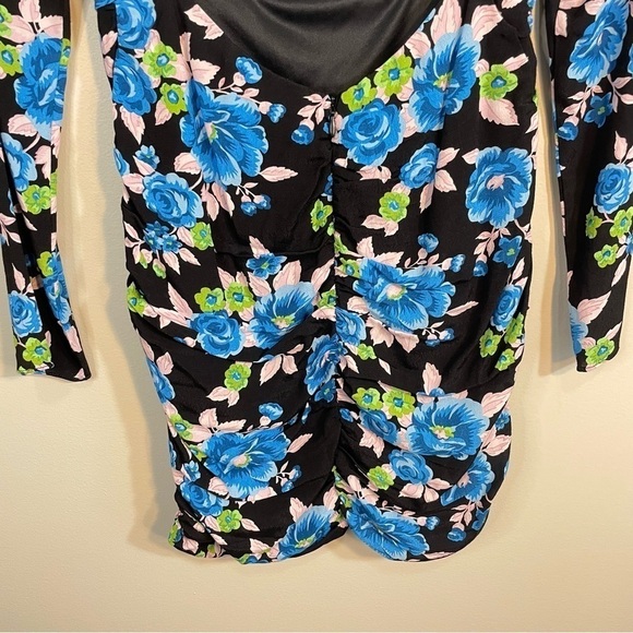 NWT Zara Floral Mini Long Sleeve Open Back Blue Black Dress Size Womens Medium - Picture 7 of 9